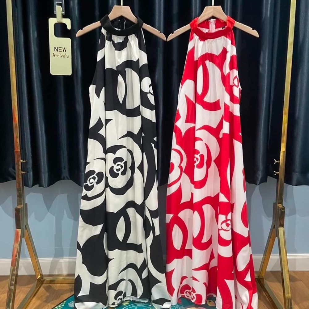 Floral Halter Maxi Dress - Black and Red